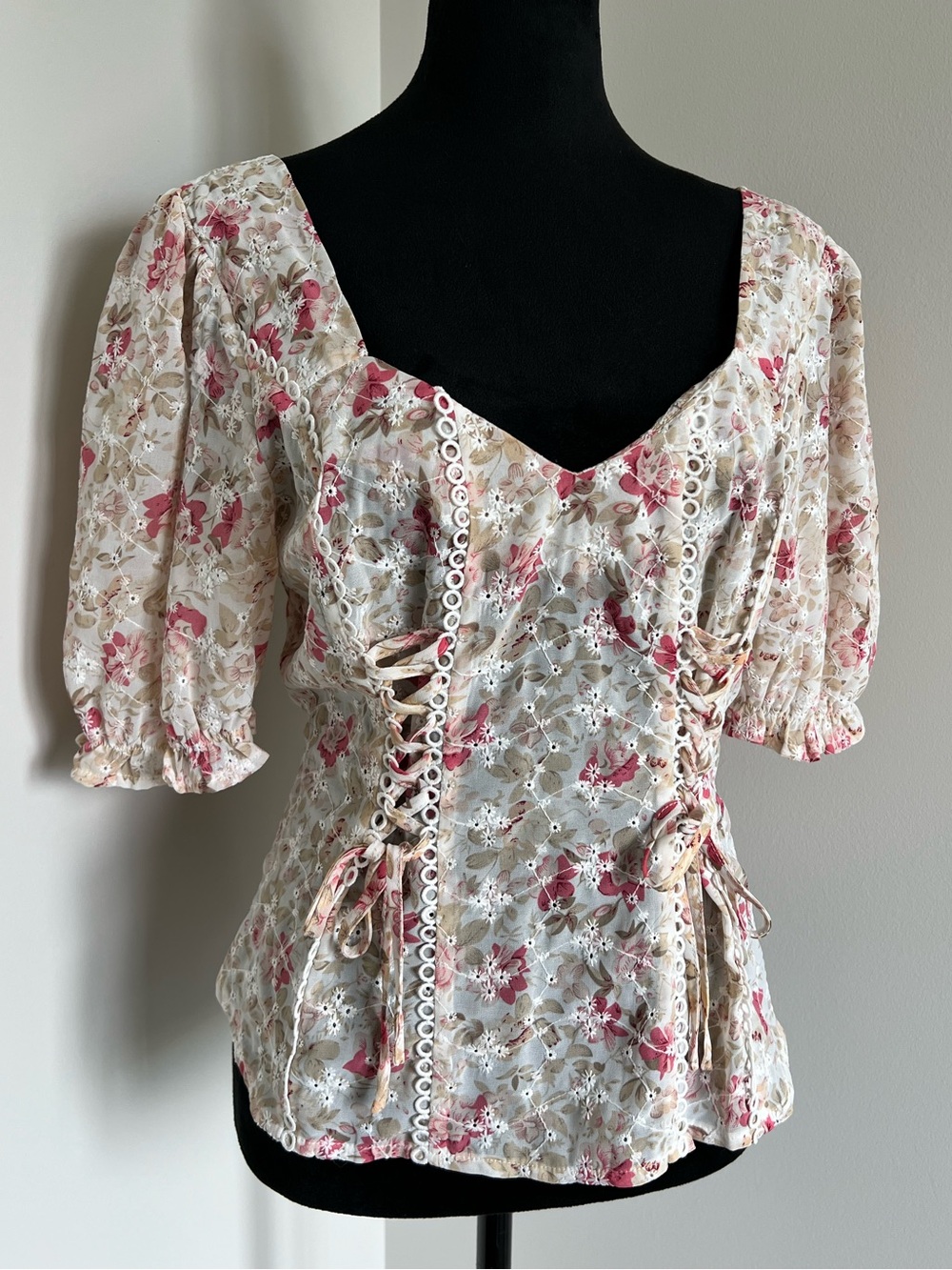 Sheer Pink and White Floral Lace-Up Puff Sleeve Coquette Blouse - Corset